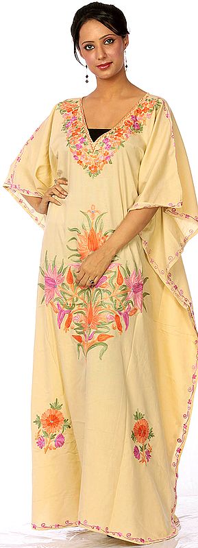 Khaki V-Neck Kaftan from Kashmir with Aari Embroidery
