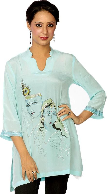 Pastel-Blue Kurti with Hand-Painted Images of Radha and Krishna