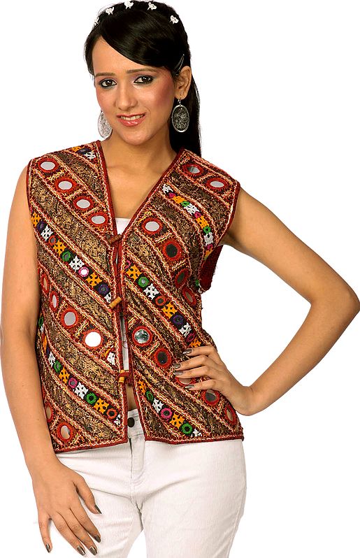 Multi-Color Embroidered Waistcoat from Kutch with Large Mirrors
