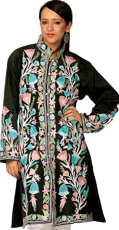 Black Long Silk Jacket with Embroidered Tulips in Pink and Blue