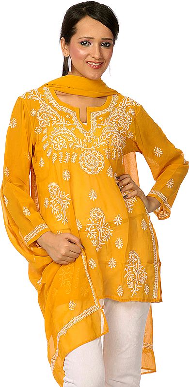 Mustard Chikan Embroidered Kurti Top with Stole
