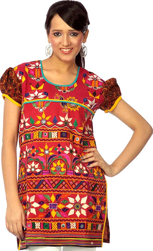 Red Hand-Embroidered Kurti from Kutchh