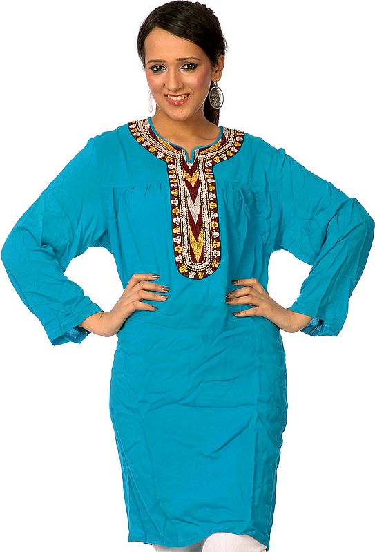 Robin-Egg Turquoise Tunic Top from Afghanistan with Crewel Embroidery