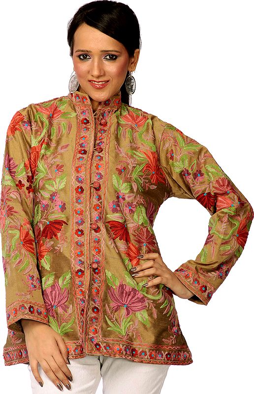 Khaki Kashmiri Jacket with Embroidered Flowers