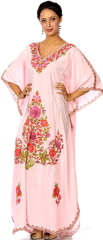 Pink V-Neck Kaftan from Kashmir with Aari Embroidery