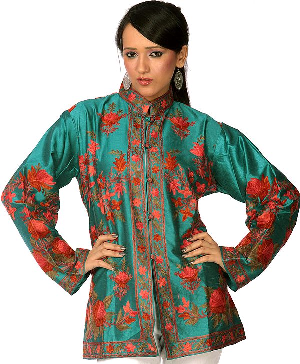 Teal Jacket from Kashmir with Aari Embroidered Flowers