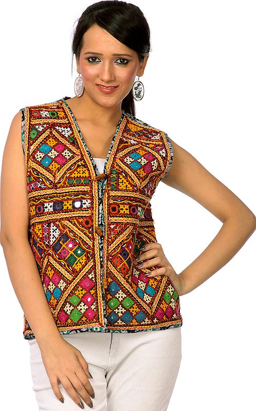 Multi-Color Embroidered Waistcoat from Kutch with Mirrors