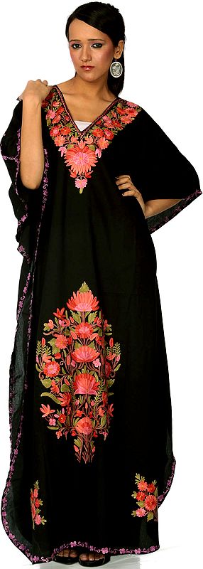 Black V-Neck Kaftan from Kashmir with Aari Embroidery