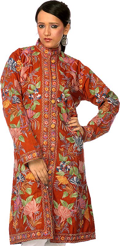 Brown Long Silk Jacket with Embroidered Foliage