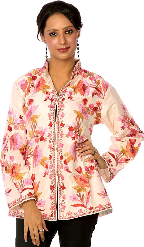 Peach Kashmiri Jacket with Embroidered Flowers in Pink Thread