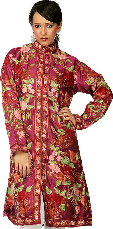Purple Long Silk Jacket with Embroidered Leaves and Flowers