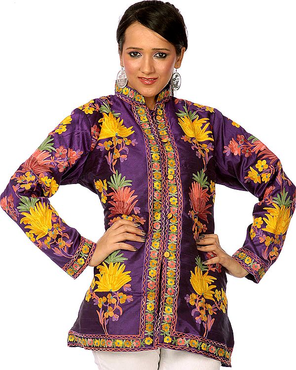 Mulberry-Purple Embroidered Jacket from Kashmir with Large Flowers