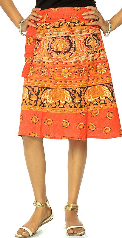 Scarlet Sanganeri Short Wrap-Around Skirt with Printed Elephant Procession