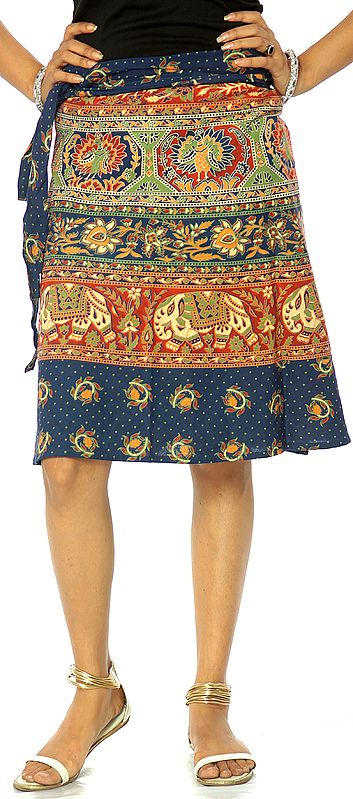 Navy-Blue Sanganeri Short Wrap-Around Skirt with Auspicious Print