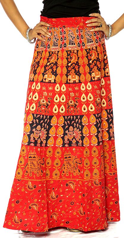 Red Sanganeri Wrap-Around Long Skirt with Printed Elephants and Camels