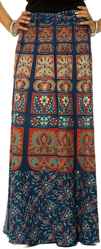 Blue Sanganeri Wrap-Around Long Skirt with Printed Motifs
