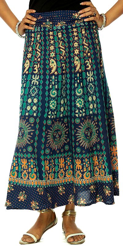 Ultramarine-Blue Sanganeri Wrap-Around Skirt with Solar Print