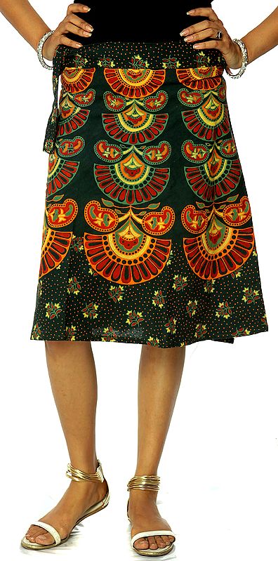 Deep-Green Sanganeri Short Wrap-Around Skirt with Block Print