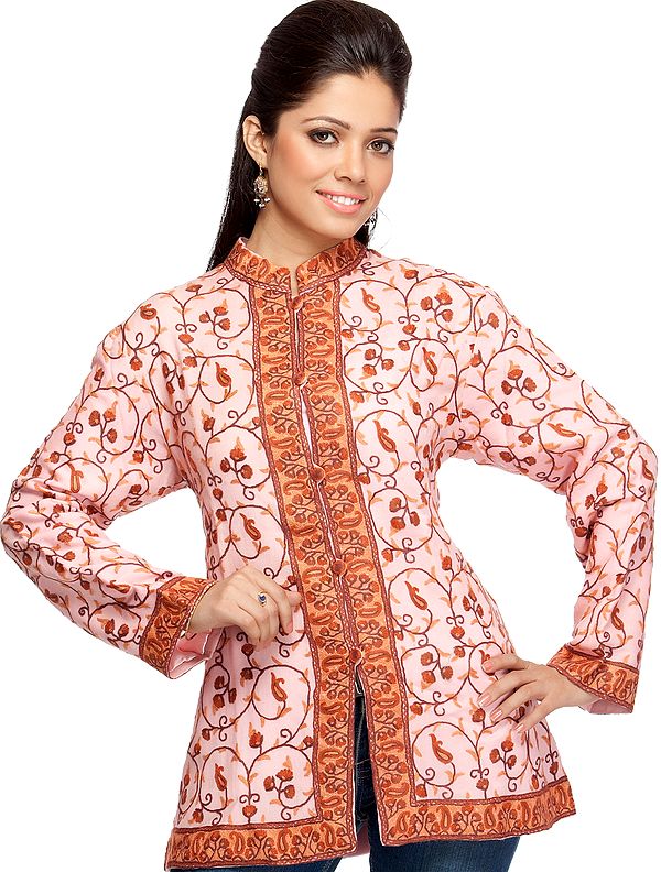 Pink Kashmiri Jacket with Hand-Embroidered Paisleys All-Over