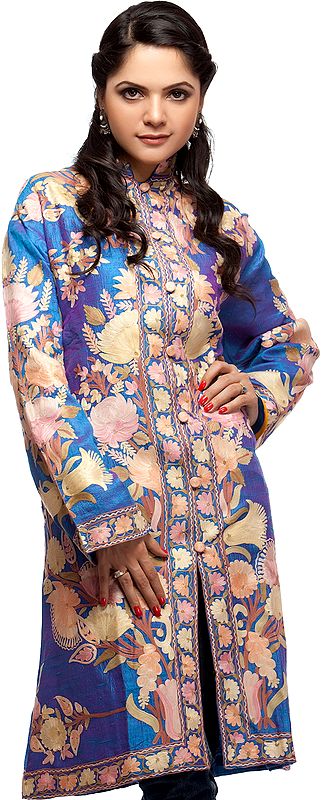 Azure-Blue Long Silk Jacket with Embroidered Foliage