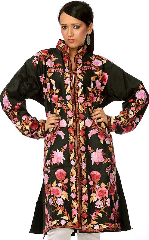 Black Long Silk Jacket with Embroidered Flowers All-Over