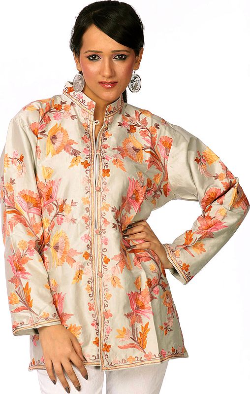 Gray Jacket from Kashmir with Crewel Embroidered Flowers