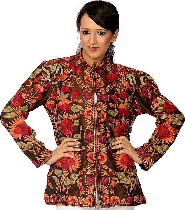 Ochre Jacket from Kashmir with Aari Embroidered Flowers All-Over