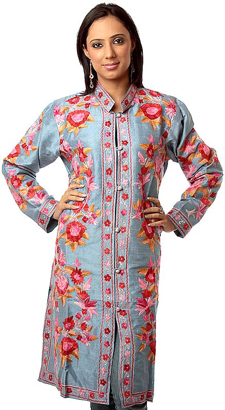 Steel-Blue Long Silk Jacket with Pink and Red Embroidered Flowers