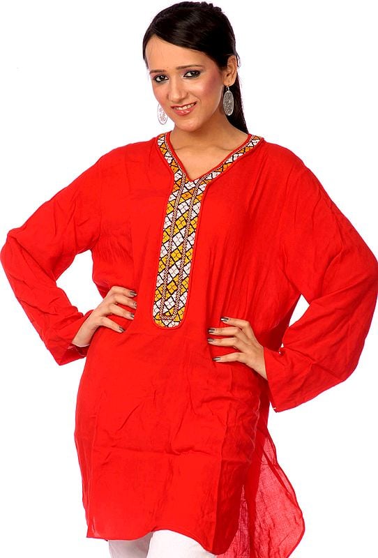 Red Tunic Top from Afghanistan with Crewel Embroidery