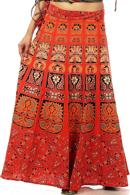 Scarlet Sanganeri Wrap-Around Long Skirt with Printed Motifs