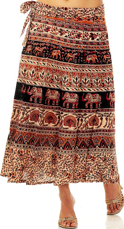 Beige Sanganeri Wrap-Around Skirt from Jaipur with Printed Elephants and Peacocks
