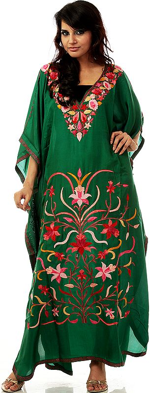 Green Kashmiri Kaftan with Embroidered Flowers