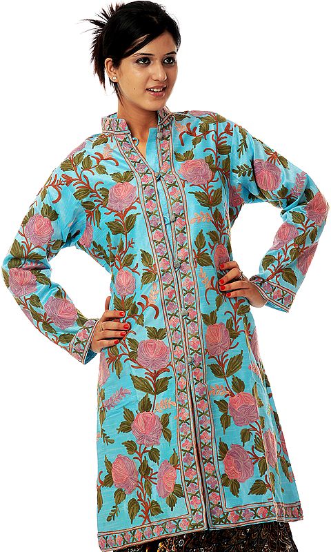 Sky-Blue Long Jacket with Lilac Embroidered Flowers
