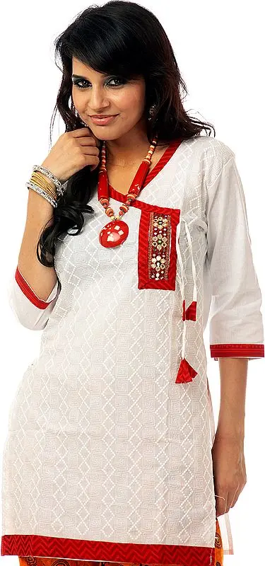 White and Red Angarakha Kurti with Mirrors