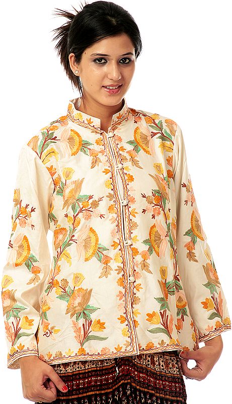 Cream Jacket from Kashmir with Crewel Embroidered Flowers