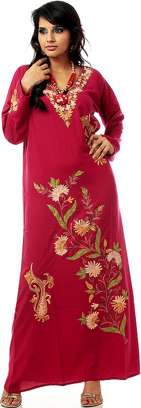 Purple V-Neck Gown from Kashmir with Aari Embroidery