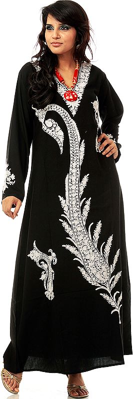 Black V-Neck Gown from Kashmir with Embroidered Paisleys