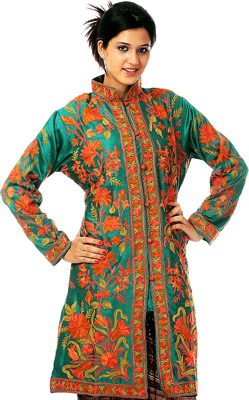 Sea-Green Long Jacket with Orange Embroidered Flowers