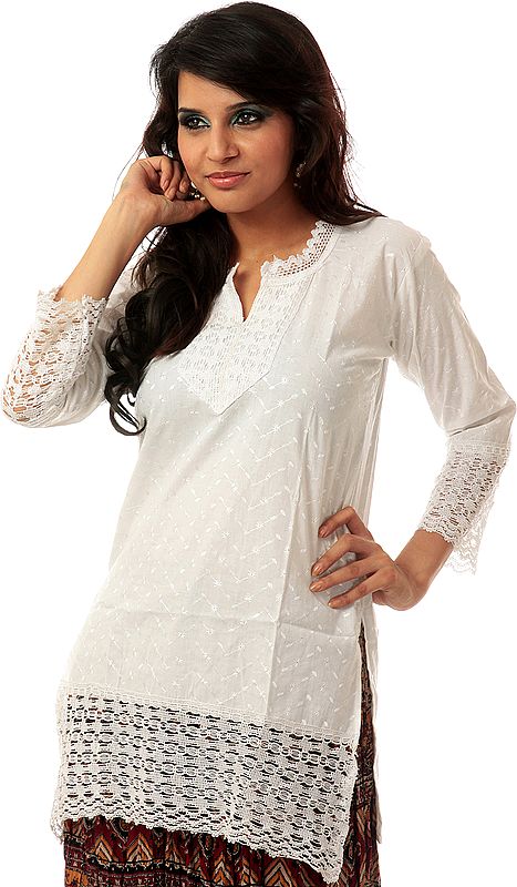 White Kurti with Lukhnavi Chikan Embroidery and Lacework