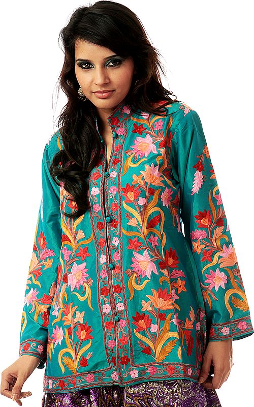 Turquoise Jacket from Kashmir with Aari Embroidered Flowers