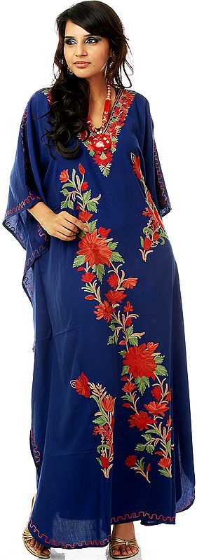 Royal-Blue Kashmiri Kaftan with Embroidered Flowers