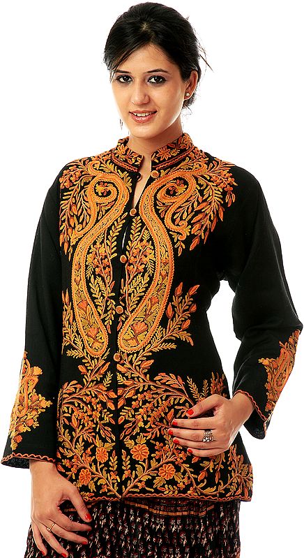 Black Kashmiri Jacket with Hand-Embroidered Paisleys