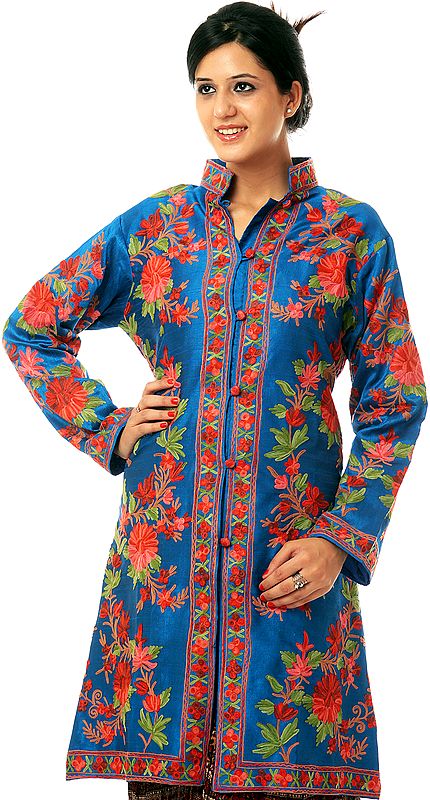 Royal-Blue Long Jacket with Embroidered Flowers All-Over