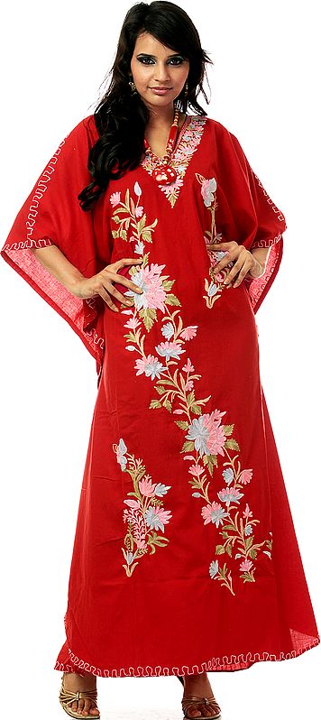 Red Kashmiri Kaftan with Embroidered Flowers