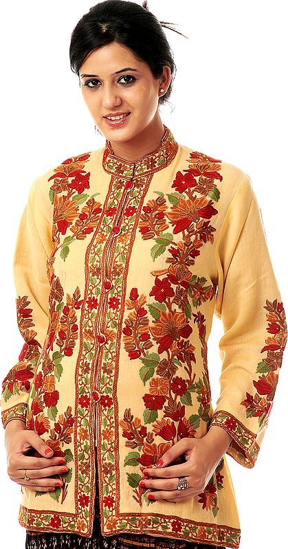 Fawn Kashmiri Jacket with Hand-Embroidered Flowers