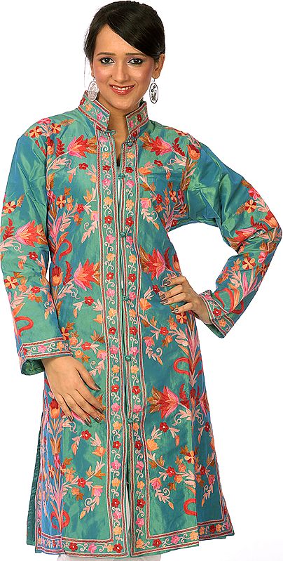 Teal Long Silk Jacket with Phulkari Embroidery All-Over