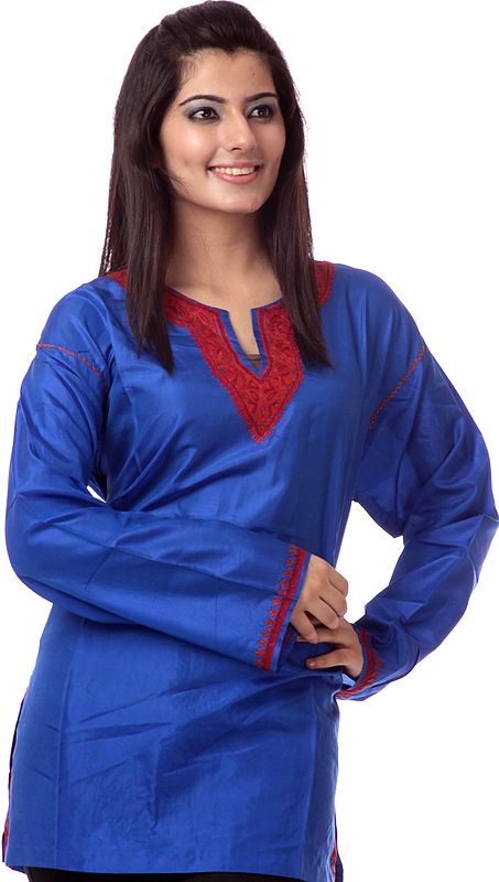 Dazzling-Blue Kashmiri Kurti Top with Aari Embroidery by Hand