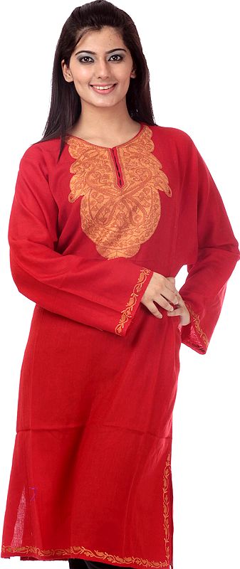 Red Kashmiri Phiran with Hand-Embroidery on Neck