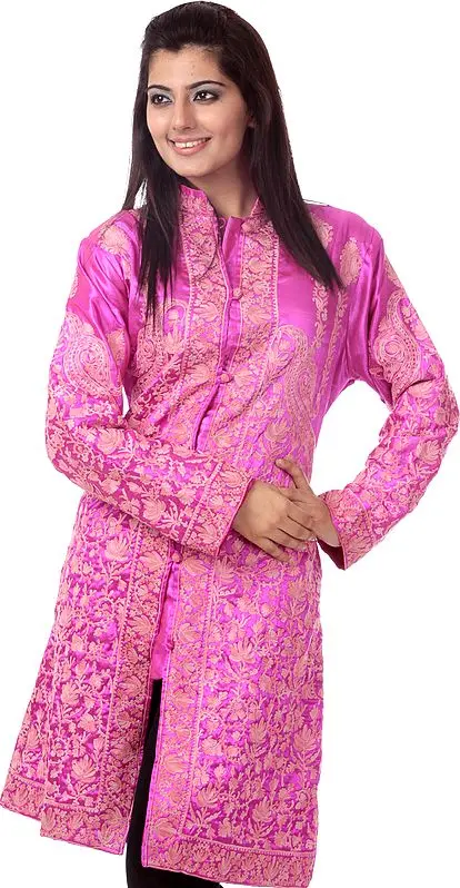 Hot-Pink Long Jacket with Embroidered Paisleys