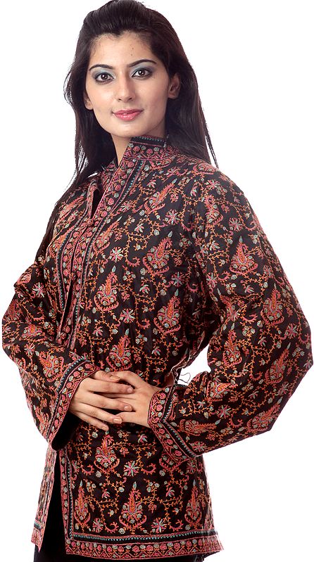 Black Kashmiri Jacket with Needle Sozni Embroidered Paisleys